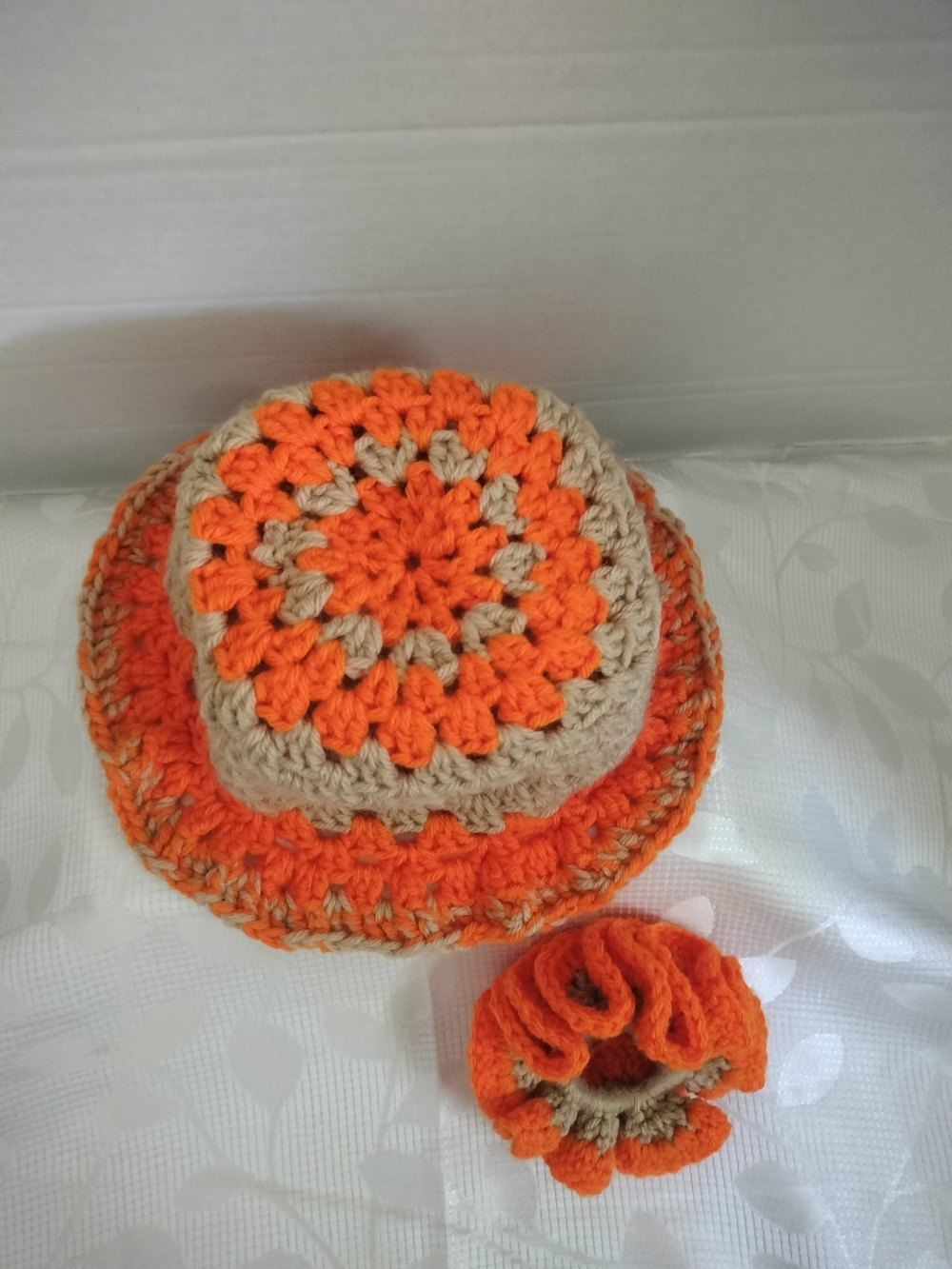 Handmade Crochet Bucket Hat with Matching Scrunchie in Orange and Tan